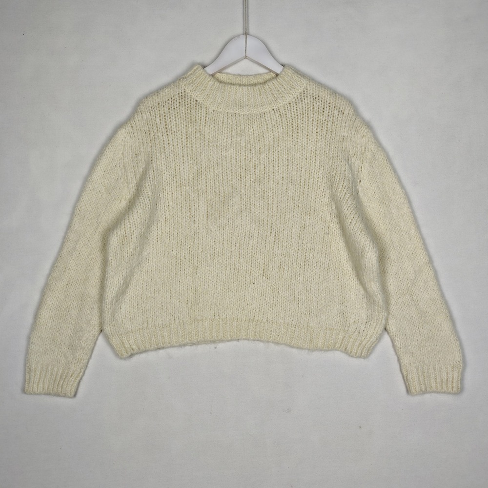 Zara Womens Cream Chunky Knit Wool Blend Crewneck Sweater Size S Small Off White